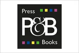 Press and Book Logo, schwarzer Hintergrund, weiße Schrift, grün-gelb-blau-rosa Miniquadrate oben und unten