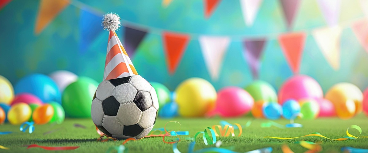 Fußball auf Fußballfeld mit Partyhut. Bunte Luftballons und bunte Wimpelkette im Hintergrund. 