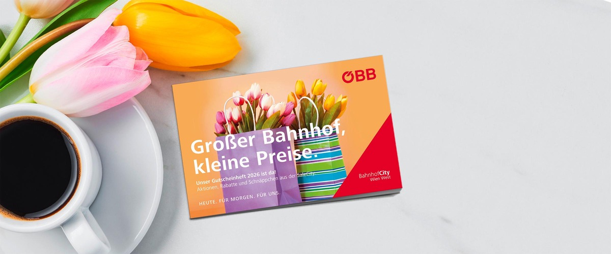 BahnhofCity Gutscheinheft. Kaffeetasse. Tulpen. "Großer Bahnhof. Kleine Preise". 