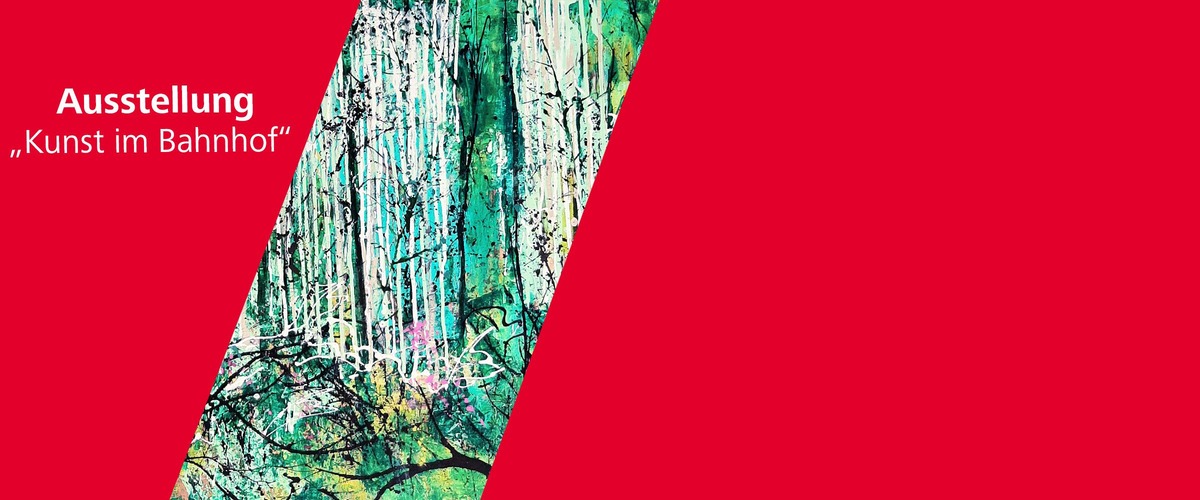 "Ausstellung Kunst im Bahnhof". Roter Hintergrund. Ausschnitt eines Gemäldes. 