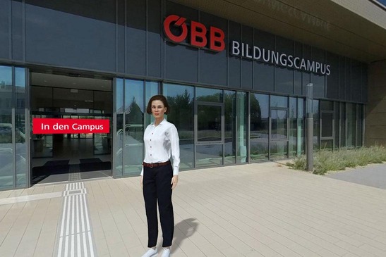 Eingang ÖBB-Bildungscampus mit Avatar Marie