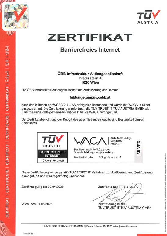 © ÖBB/TÜV Austria Zertifikat Barrierefreies Internet von TÜV Austria