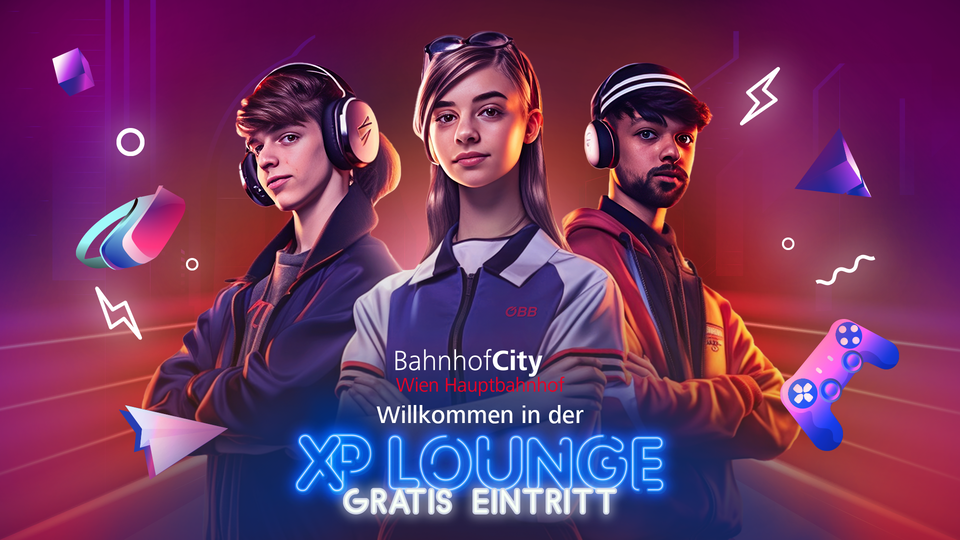 Drei KI-generierte Illustrationen von Jugendlichen die ÖBB-Lehrlinge darstellen. Modern interpretiert und im Gamification-Stil gehalten. Um diese Jugendlichen fliegen grafisch inszeniert Symbole wie ein Playstation-Controller, Gaming-Symbole und verschiedenste andere Gaming-Grafiken. Mittig unterhalb der Drei positioniert steht: XP-Lounge und darunter Gratis Eintritt.