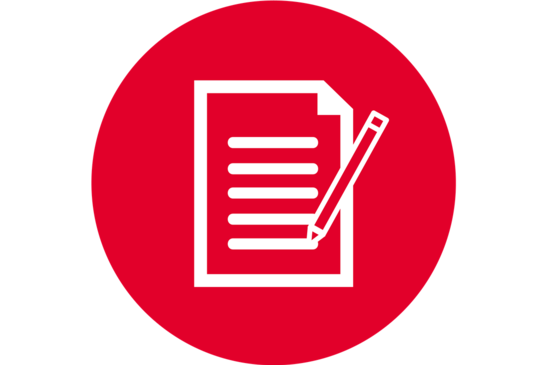 Symbolbild Planunterlagen<br/>Textinsert: Icon roter Button, weiß Blatt mit Stift