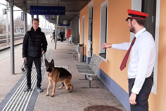 Eisenbahnaufsichtsorgan weist daraufhin, dass ein Fahrgsast seinem Hund einen  Beisskorb anlegen soll