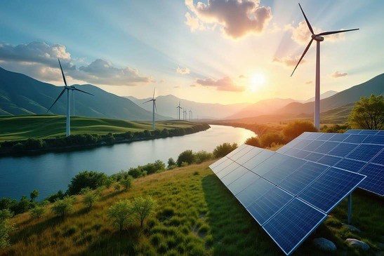 Erneuerbare Energie, Feld mit Photovoltaikanlage und Windrad