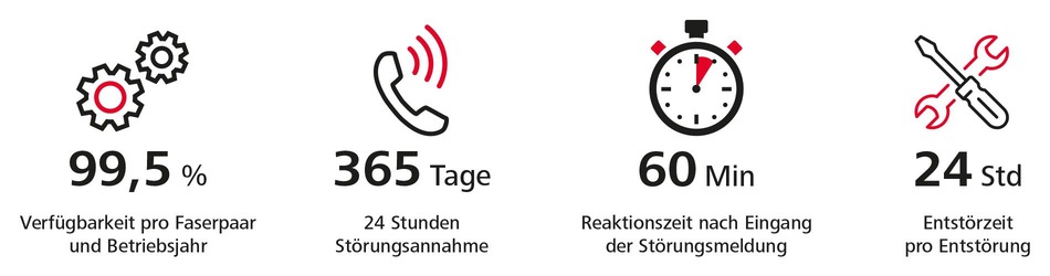 Icons für 99,5 % Verfügbarkeit pro Faserpaar und Betriebsjahr, 365 Tage - 24 Stunden Störungsannahmen, 60 Min. Reaktionszeit nach Eingang der Störungsmeldung und 24 Std. Entstörungszeit pro Entstörung.