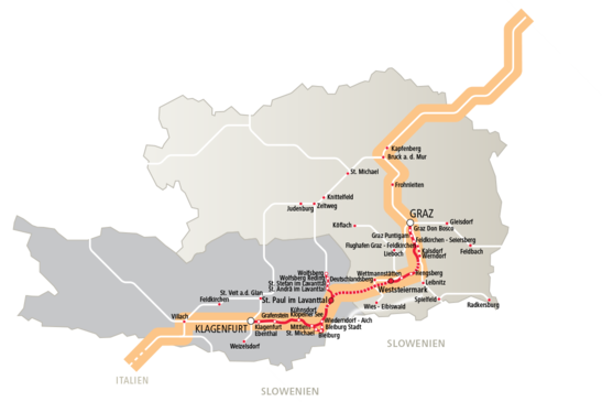 Schematische Darstellung der Koralmbahn auf einer Karte