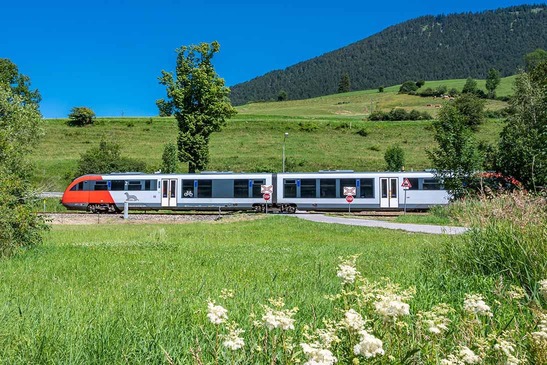 Ein Triebwagen in einer hügeligen Landschaft