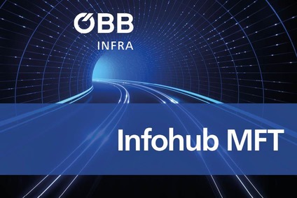 Teaserbild, Tunnel mit Schienenstrang und Text Infohub MFT