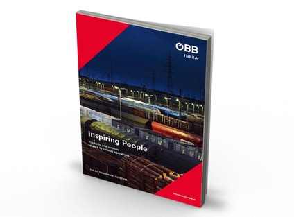 upright rectangle, on it freight trains under a blue night sky, text insert: Inspiring People. Products and services related to railway operations, including: Today. Today. Tomorrow. Together. Two red triangles each form the top left and bottom right corners. Text insert right triangle: infrastruktur.oebb.at