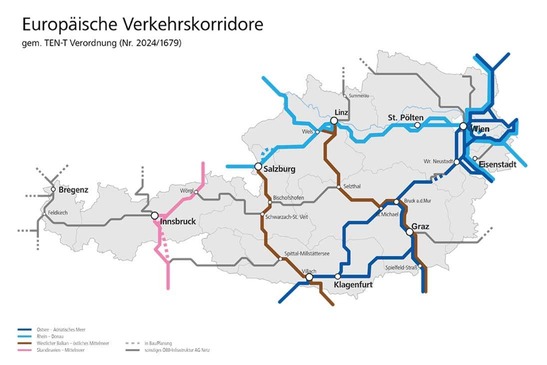 Karte mit der Darstellung der Korridore in Österreich