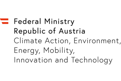 Logo English Federal Ministry Republic Austria Climate Action, Environment, Energy, Mobility, Innovation and Technology<br/>Text insert: Small Austrian flag on the left, Federal Ministry Republic Austria Climate Action, Environment, Energy, Mobility, Innovation and Technology