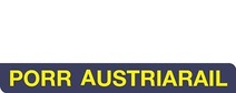Logo Porr Austriarail<br/>Textinsert: schwarzer Balken mit gelber Schrift PORR AUSTRIARAIL