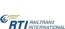 Logo RTI Railtrans International<br/>Textinsert: weißer Hintergrund, links grau-blau-grünes Icon, grau RTI Railtrans International