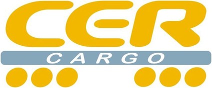 Logo CER Cargo<br/>Textinsert: weißer Hintergrund, gelb CER, darunter grauer abgerundeter Balken mit weißem Schriftzug Cargo, darunter 6 gelbe Punkte