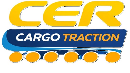 Logo CER Cargo Traction<br/>Textinsert: weißer Hintergrund, gelb CER, darunter blauer abgerundeter Balken mit weißem Schriftzug Cargo und gelbem Schriftzug Traction, darunter 6 gelbe Punkte<br/>