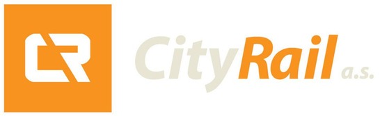 Logo City Rail<br/>Textinsert: weißer Hintergrund, hellgrau City, orange Rail, hellgrau a.s. links davon orangefarbenes Quadrat mit Text CR
