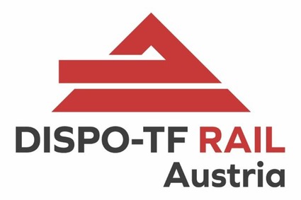 Logo DISPO-TF RAIL Austria<br/>Textinsert: weißer Hintergrund, in der Mitte rotes Icon, darunter schwarz DISPO-TF, rot RAIL, schwarz Austria