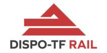 Logo Dispo-TF Rail GmbH<br/>Textinsert: grauer Hintergrund, in der Mitte rotes Icon, darunter schwarz DISPO-TF, rot RAIL