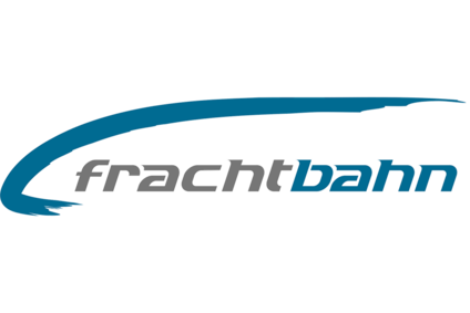 Logo frachtbahn<br/>Textinsert: grauer Hintergrund, türkises Zeichen, grau fracht, türkis bahn