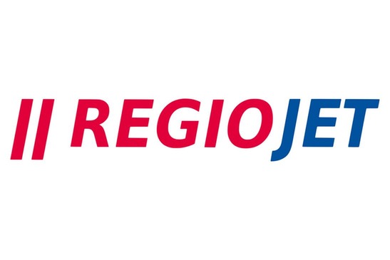 Logo REGIOJET<br/>Textinsert: weißer Hintergrund, links rotes Icon, rot REGIO, blau JET
