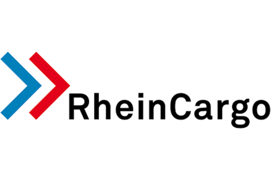 Logo RheinCargo<br/>Textinsert: weißer Hintergrund, blau-rotes Icon, schwarz RheinCargo