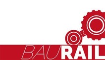 Logo BauRail<br/>Textinsert: weißer Hintergrund, roter Balken unten, rotes Icon, weiß BauRail