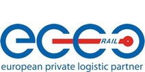 Logo Ecco rail European private logistic partner<br/>Textinsert: weißer Hintergrund, blau und roter Schriftzug ecco european privat logistic partner