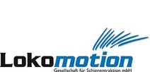 Logo Lokomotion Gesellschaft für Schienentraktion mbH<br/>Textinsert: weißer Hintergrund, schwarz Loko, blau motion und blaues Zeichen