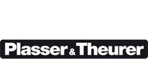 Logo Plasser und Theurer<br/>Textinsert: schwarz abgerundeter Balken und weiß Plasser & Theurer