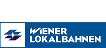 Logo Wiener Lokalbahnen<br/>Textinsert: links Quadrat blau umrandet mit blau-schwarzes Icon, rechts blauer Balken mit weißem Schriftzug Wiener Lokalbahnen