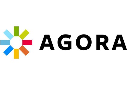 Logo AGORA<br/>Textinsert: buntes Symbol mit 8 Strichen, AGORA Schriftzug