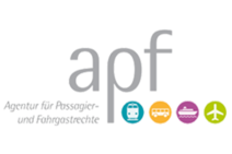 Logo AGORA<br/>Logo apf Agency for Passenger Rights<br/>Text insert: gray apf lettering, gray Agency for Passenger Rights, 4 icons: a blue circle with a white train, an orange circle with a white bus, a purple circle with a white ship, and a green circle with a white airplane