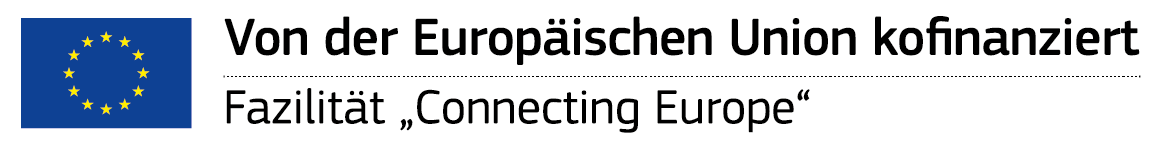 Logo Von der Europäischen Union kofinanziert. Fazilität "Connecting Europe" <br/>Textinsert: links EU-Fahne, Von der Europäischen Union kofinanziert. Fazilität "Connecting Europe" 