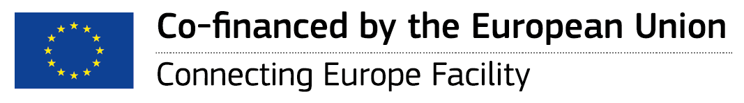 Logo English Co-financed by the European Union Connecting Europe Facility<br/>Text insert: EU flag on the left, Co-financed by the European Union Connecting Europe Facility