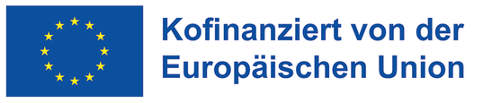 Logo Kofinanziert von der Europäischen Union<br/>Textinsert: Links EU-Fahne, rechts blau Kofinanziert von der Europäischen Union