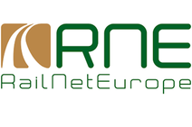 Logo RNE RailNetEurope<br/>Text insert: Left brown icon rail, green RNE RailNetEurope