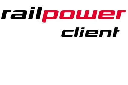 Logo railpower client<br/>Textinsert: weißer Hintergrund, Schriftzug railpower client in schwarz und rot