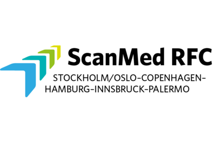 Logo Scan Med RFC<br/>Textinsert: weißer Hintergrund, links Icon blau-türkis-grün-gelb, schwarz fett Scan Med RFC, darunter schwarz STOCKHOLM/OSLO-Copenhagen-Hamburg-Innsbruck-Palermo