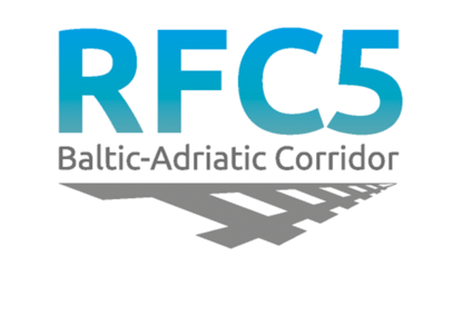 Logo RFC5<br/>Text insert: white background, RFC5 lettering in blue-turquoise, with Baltic-Adriatic Corridor in gray underneath