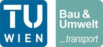Logo TU Wien<br/>Textinsert: grauer Hintergrund, blauer Würfel mit abgerundeten Kanten und in weiß TU Wien, daneben türkiser Würfen und in weiß Bau & Umwelt _transport