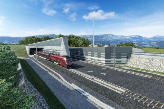 Text insert: Train traveling on tracks with noise barrier