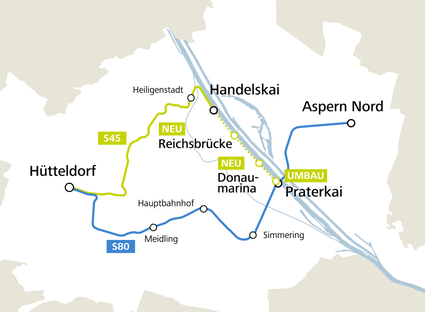 Graphic of the S-Bahn Ring. Stations are shown with text inserts.<br/>Text insert: Hütteldorf, Heiligenstadt, Reichsbrücke, Handelskai, Aspern Norg Donaumarina, Ptraterkai, Simmering, Hauptbahnhof, Meidling