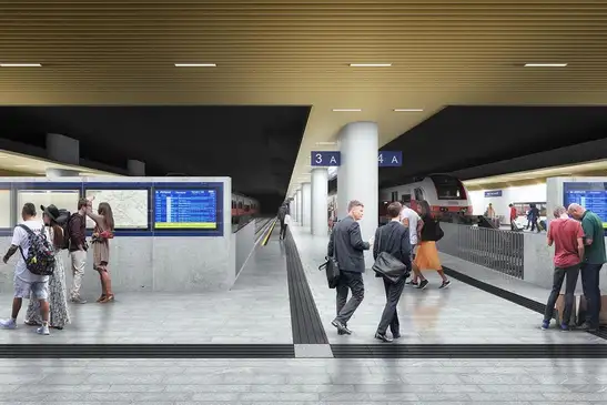 Visualisierung Franz-Josefs Bahnhof Bahnhofshalle<br/>Textinsert: Bild mit Menschen in der Bahnhofsalle