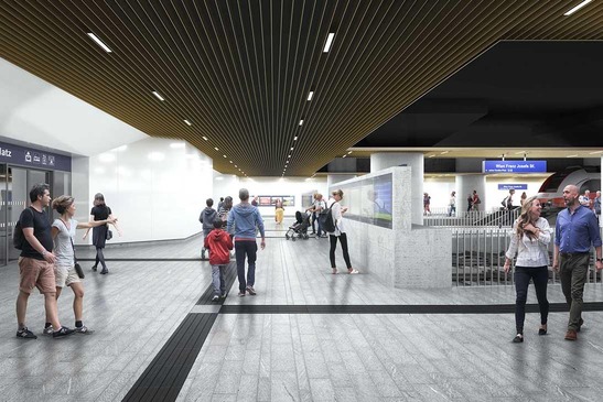 Visualization of the modernization of Franz-Josefs Bahnhof<br/>Text insert: Image with people in the station concourse