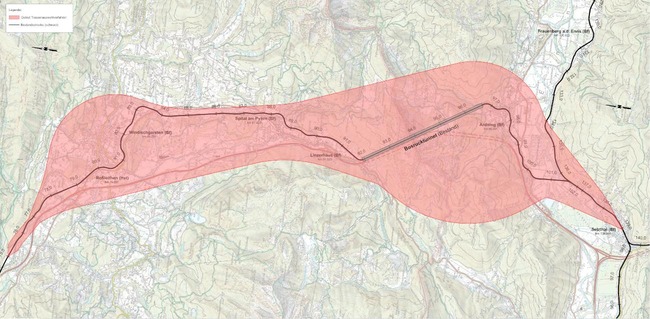Planungsraum für Trassenauswahlverfahren Bosrucktunnel neu - von Roßleithen (links) bis Selzthal (rechts)