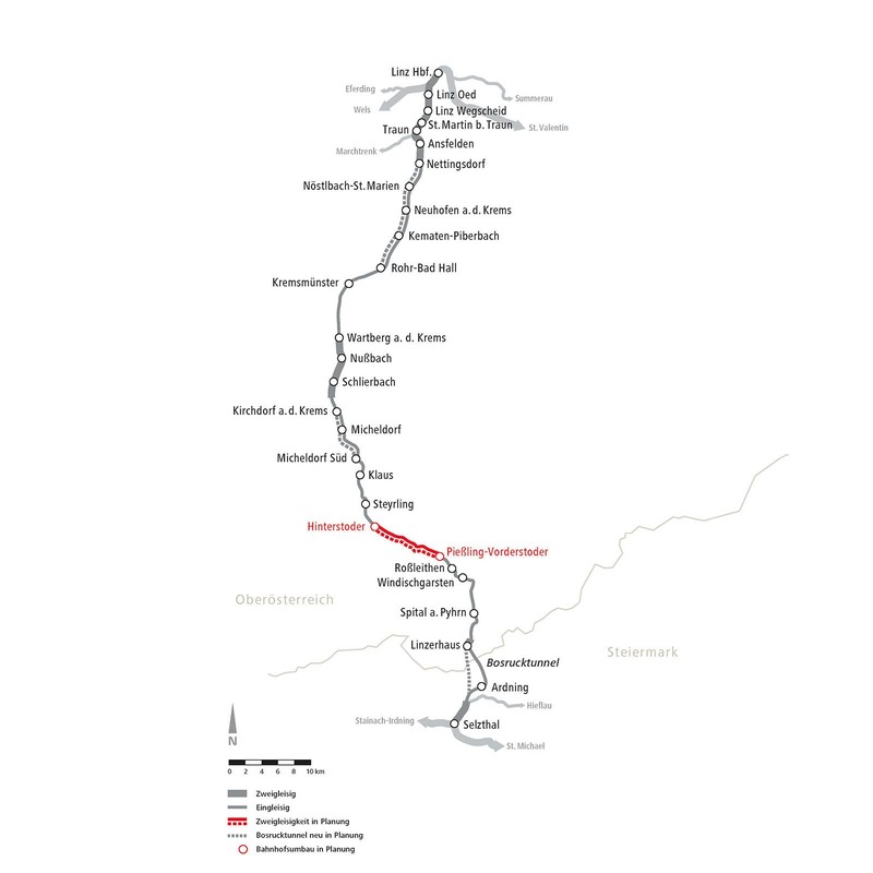 Textinsert: Kartenansicht der Strecke Linz-Selzthal; Der Bereich Hinterstoder-Pießling-Vorderstoder in Oberösterreich wird in rot dargestellt; Hier ist der zweigleisige Ausbau geplant