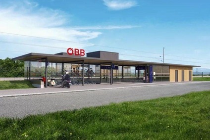 Bild Visualisierung Bahnhof Katzelsdorf<br/>Textinsert: Haltestelle mit Mofafahrer und parkendem Mofa und Fahrradabstellplatz 