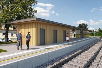 Bild Visualisierung Bahnhof Mattersburg<br/>Textinsert: Haltestelle Mattersburg mit Personen am Bahnsteig